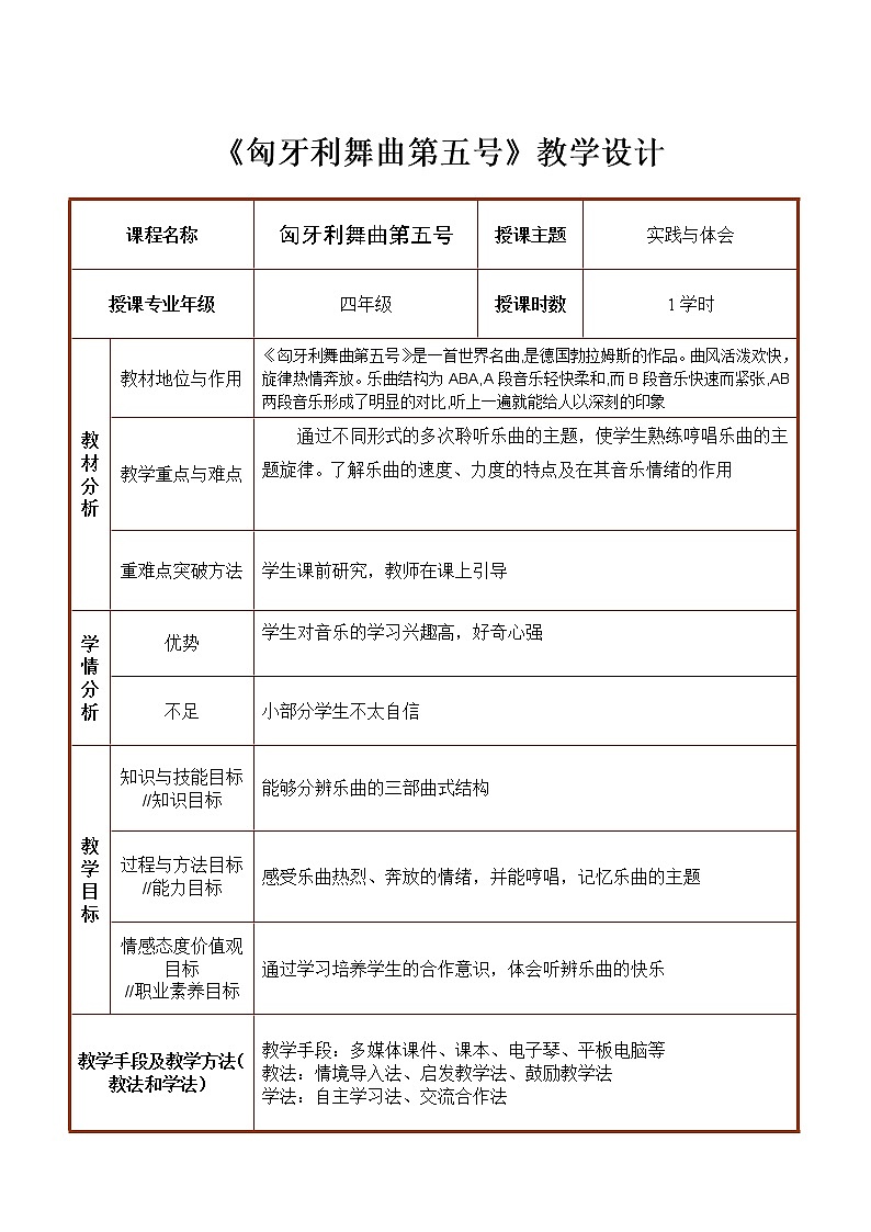 人教版新课标四年级上册音乐 第六单元 匈牙利舞曲第五号(教案)01