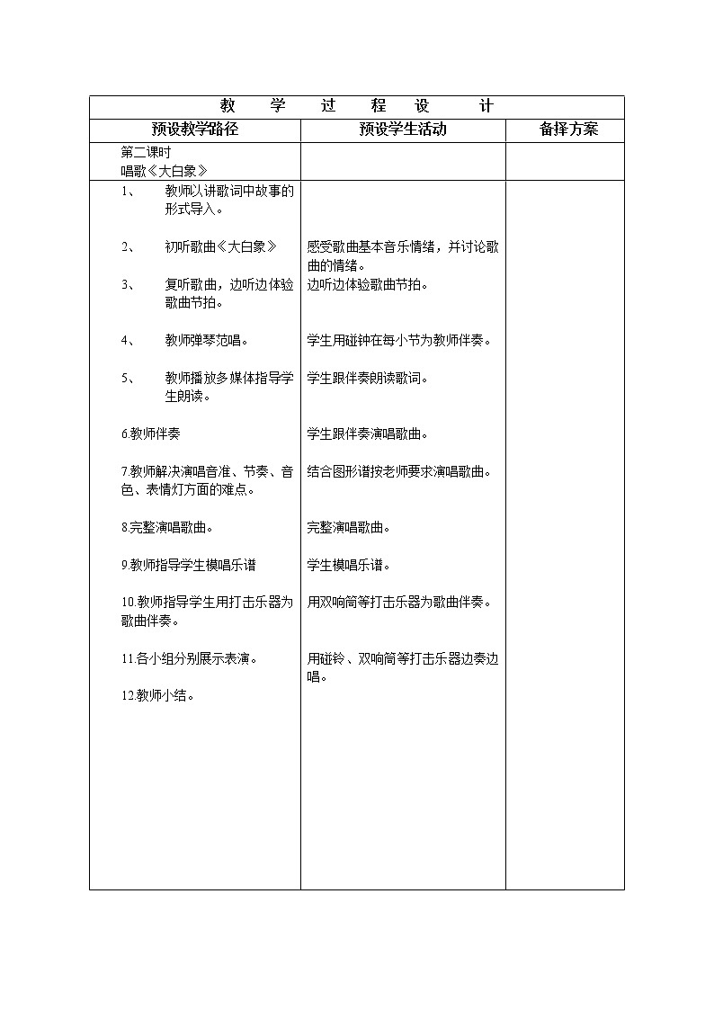 一年级上册音乐教案 第六单元 大白象冀少版(表格式)第2页