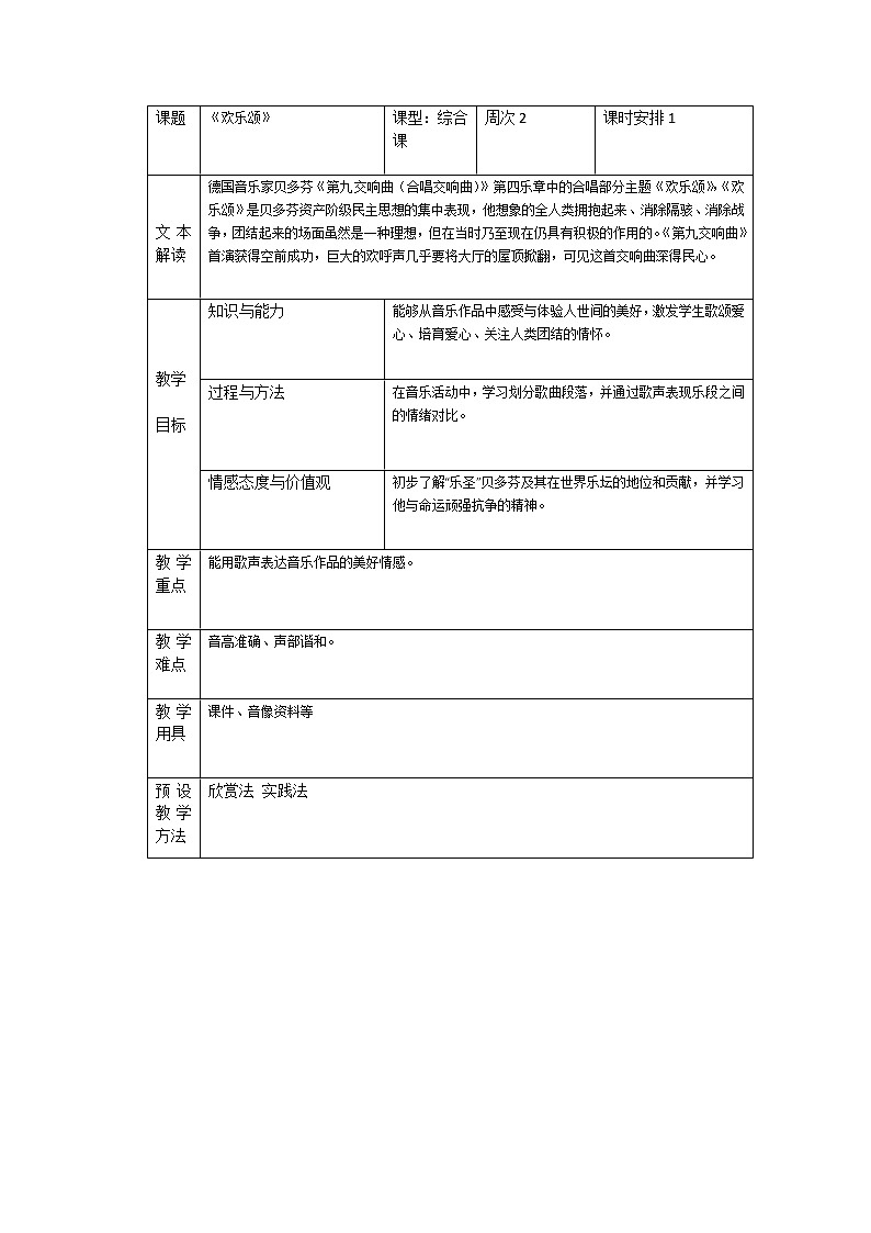 六年级下册音乐教案-第一单元 欢乐颂|人教版第1页