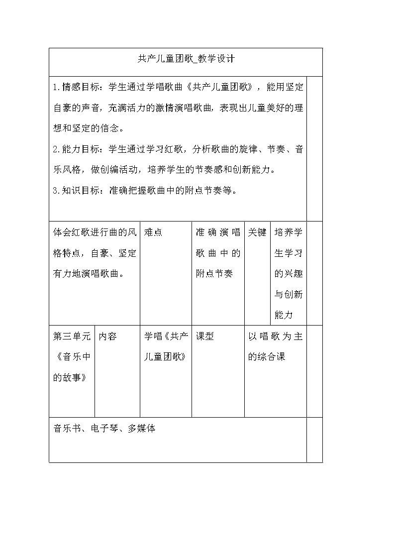 三年级下册音乐教案第三单元 唱歌 共产儿童团歌|人教版第1页