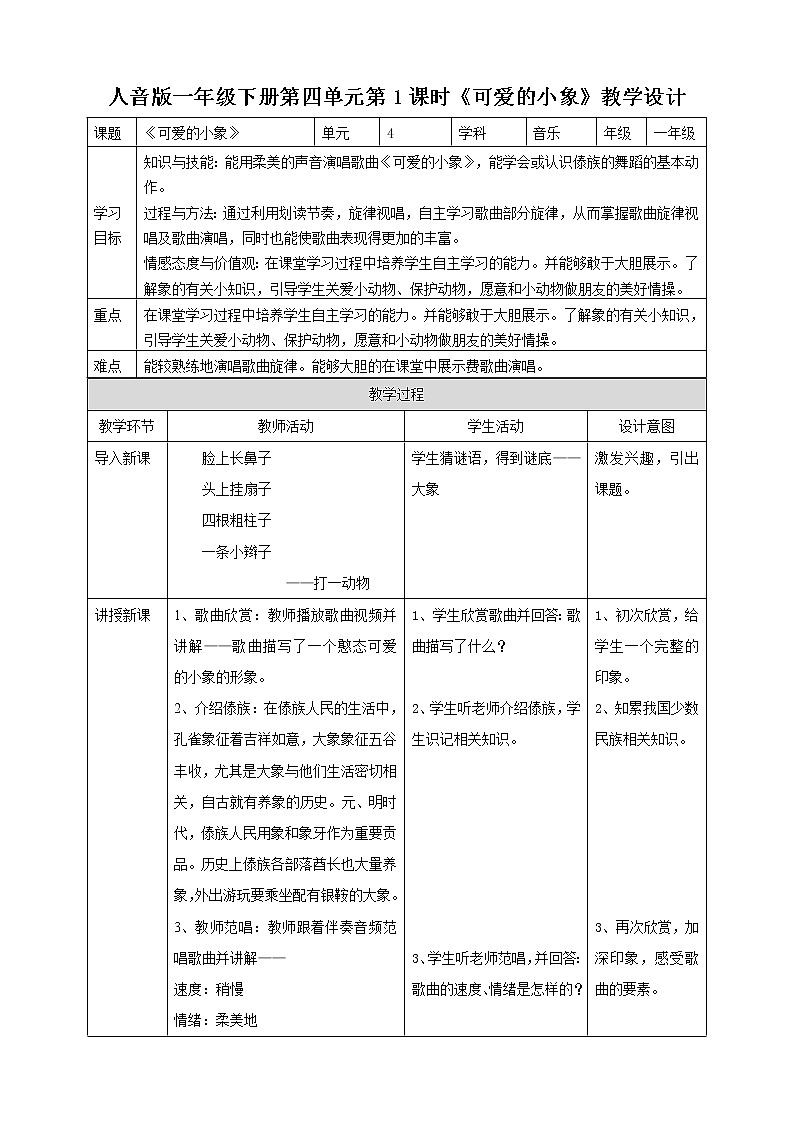 人音版一年级下册第四单元第1课时《可爱的小象》课件(共17张PPT)+教案+素材01