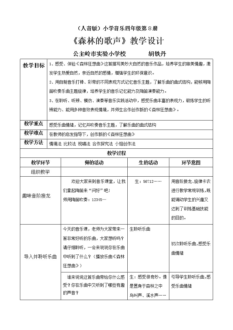 四年级音乐下册教案 5.1 森林狂想曲 人音版01