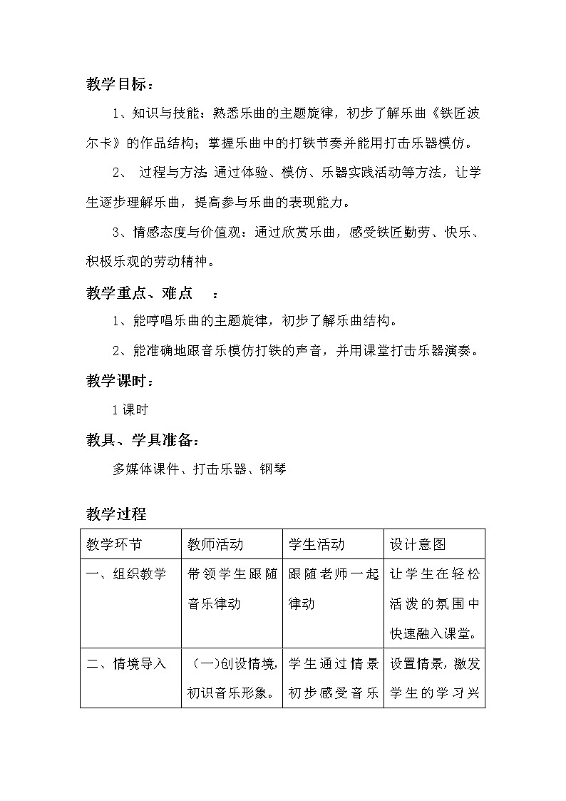 三年级下册音乐教案 (听赏)铁匠波尔卡(2) 湘艺版第2页