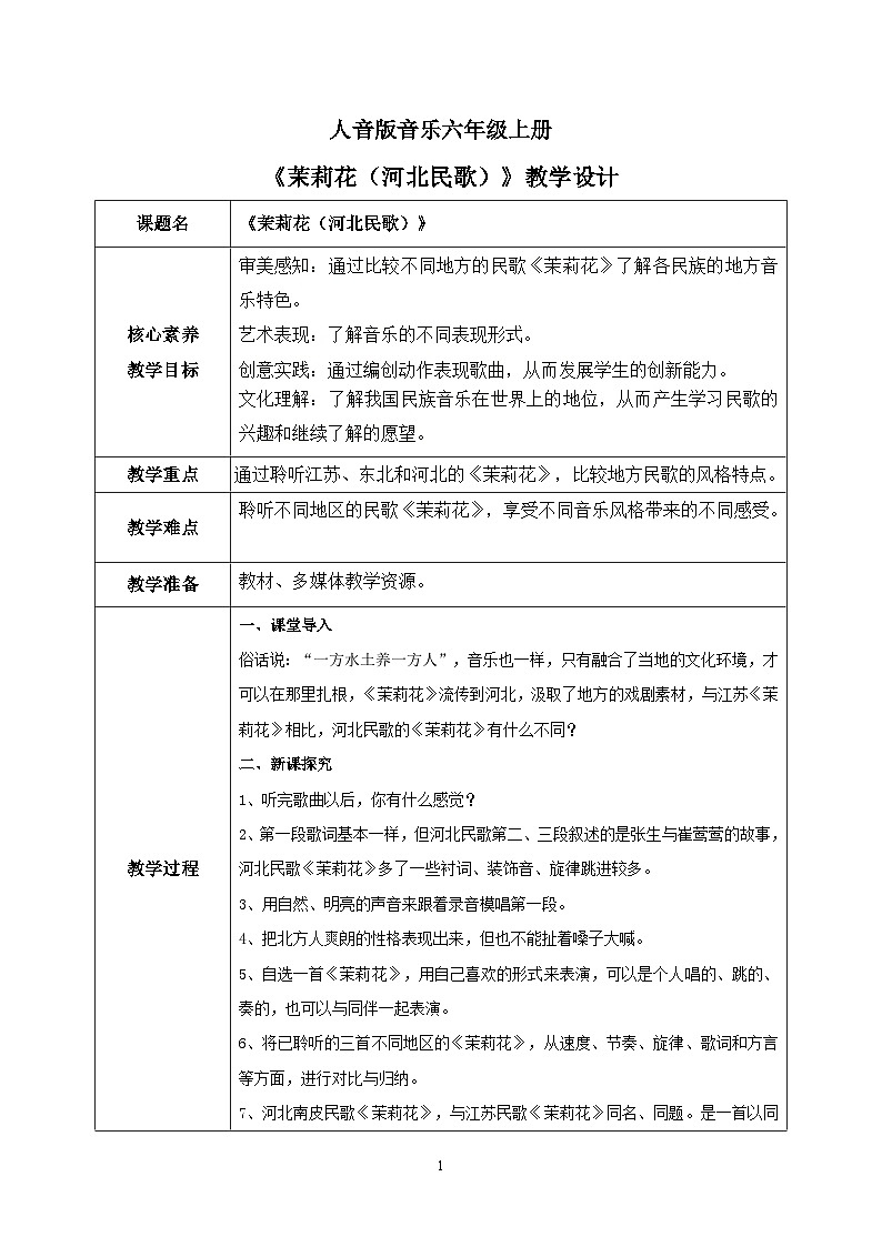 【核心素养目标】人音版(2012)音乐六上1.3茉莉花(河北民歌)课件+教学设计+素材01