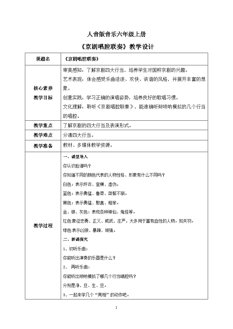 【核心素养目标】人音版(2012)音乐六上4.1 京剧唱腔联奏 课件+教学设计+素材01