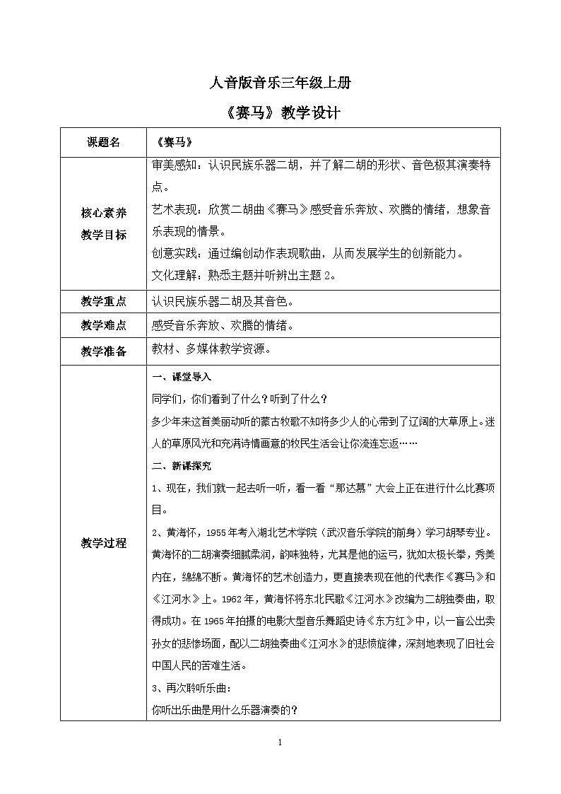 【核心素养目标】人音版(2012)音乐三年级上册2.2《赛马》课件+教学设计+素材01