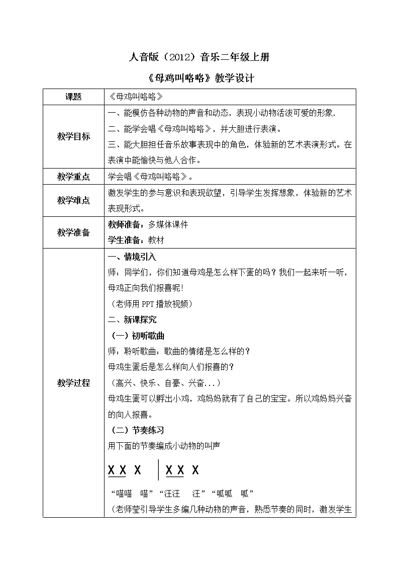 人音版(2012)音乐二年级上册《母鸡叫咯咯》-教学设计第1页