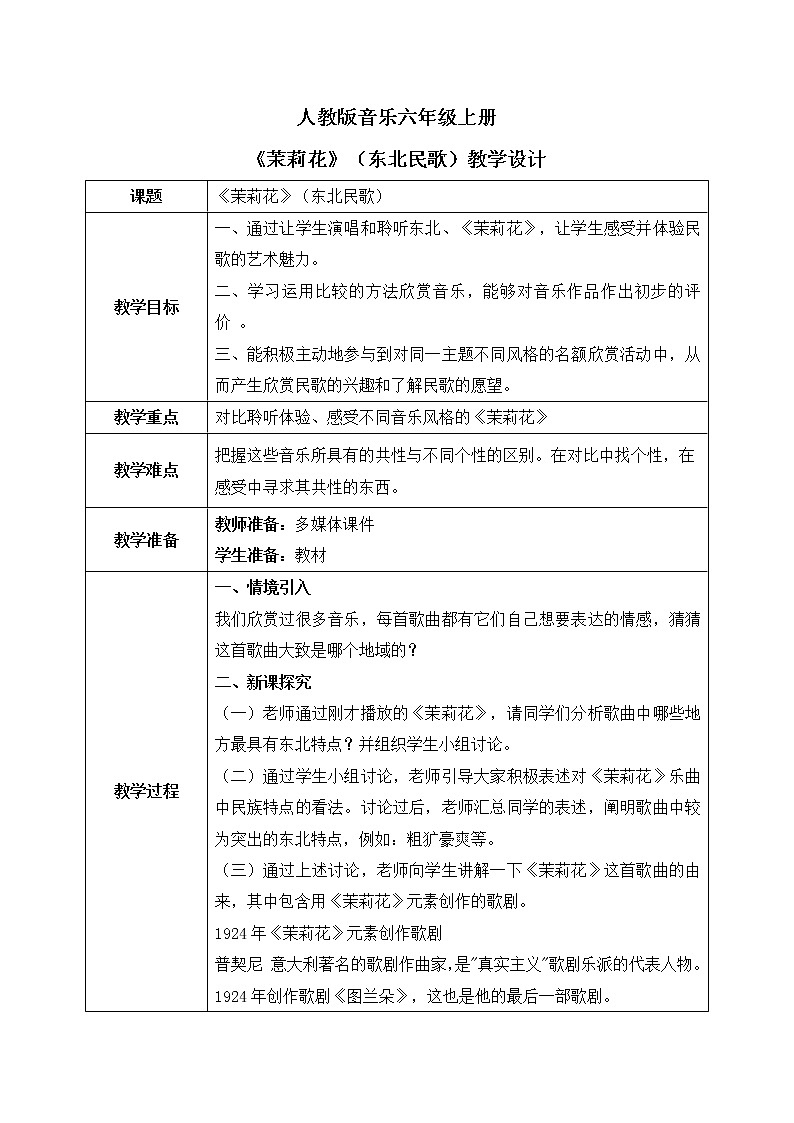 人音版(2012)音乐六上1.2茉莉花(东北民歌)教案01