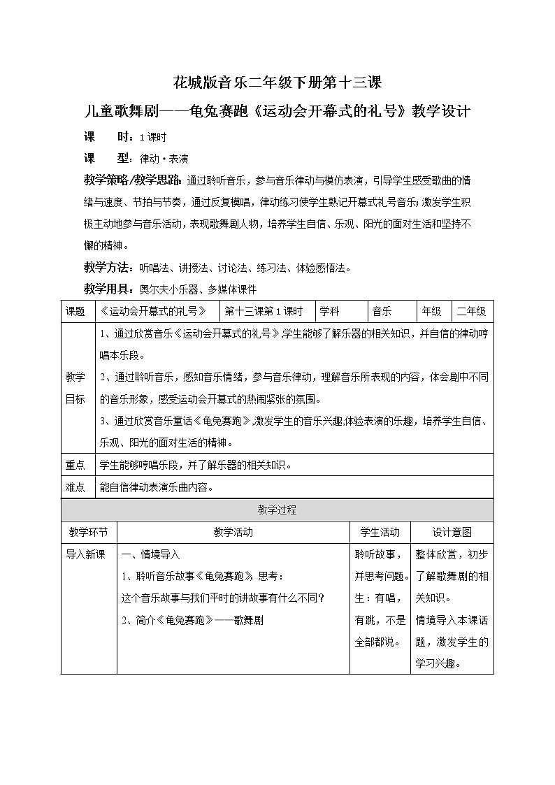 小学音乐 花城版 二年级下册 儿童歌舞剧 龟兔赛跑《运动会开幕式的礼号》 教案设计第1页