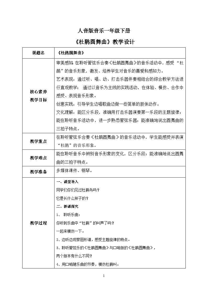 【核心素养目标】人音版(2012)音乐一下1.1 杜鹃圆舞曲 教学设计第1页