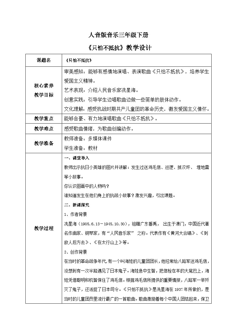 【核心素养目标】人音版(2012)音乐三下1.5 只怕不抵抗 课件+教学设计+素材01
