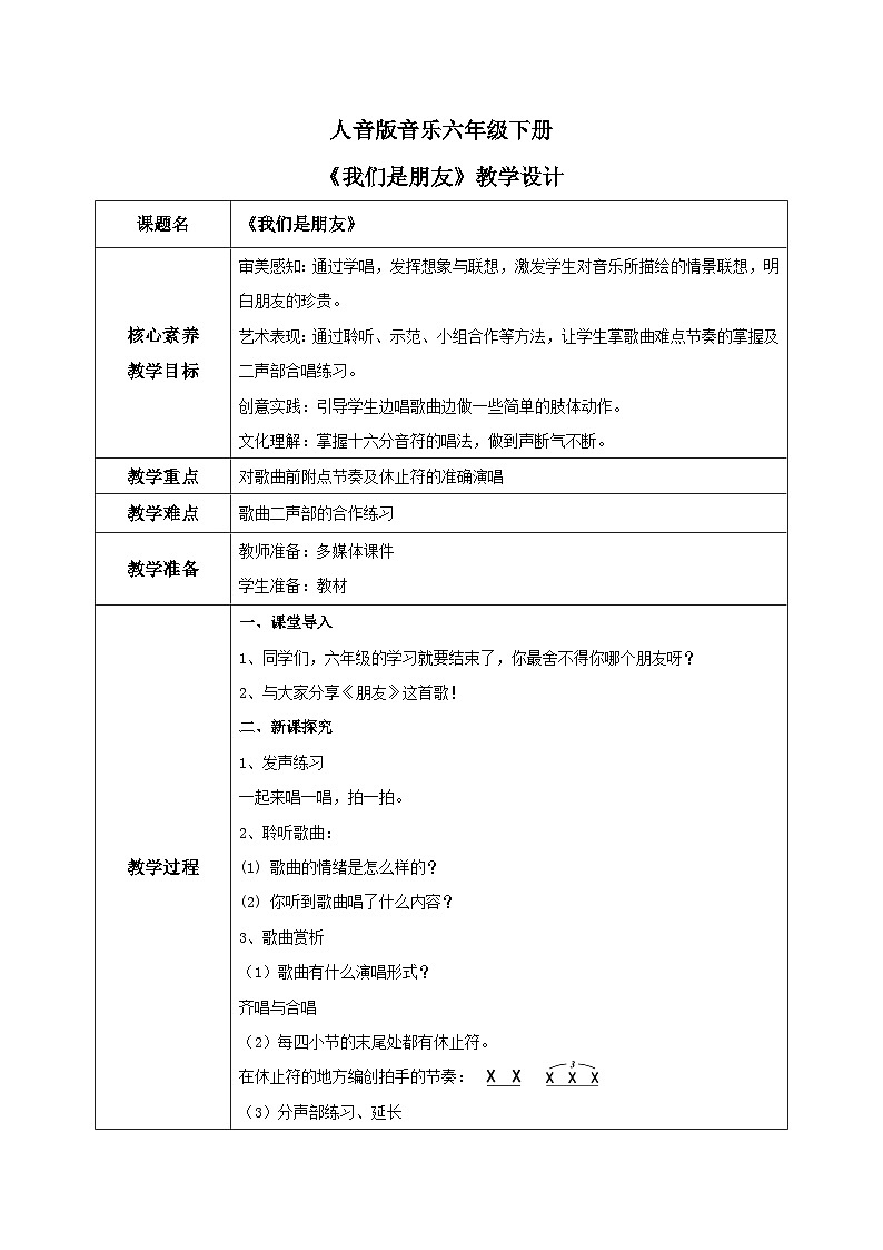 【核心素养目标】人音版(2012)音乐六下7.4 我们是朋友 课件+教学设计+素材01