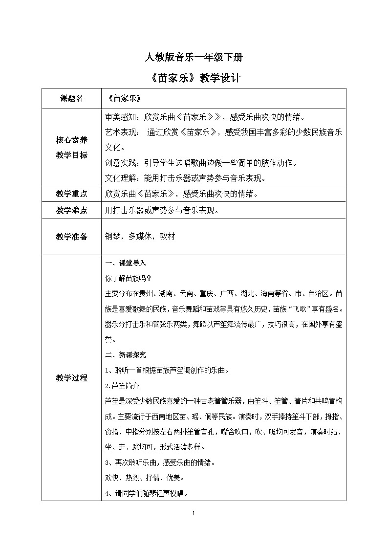 【核心素养目标】人教版(2012)音乐一下5.5 苗家乐 课件+教学设计+音视频素材01