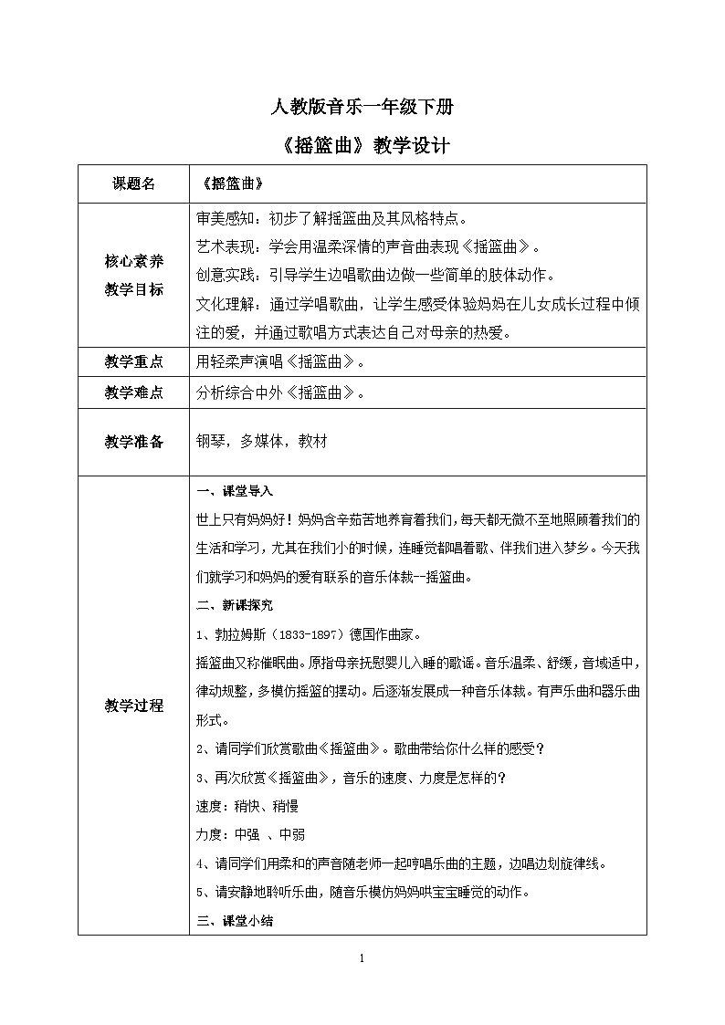 【核心素养目标】人教版(2012)音乐一下6.3 摇篮曲 课件+教学设计+音视频素材01
