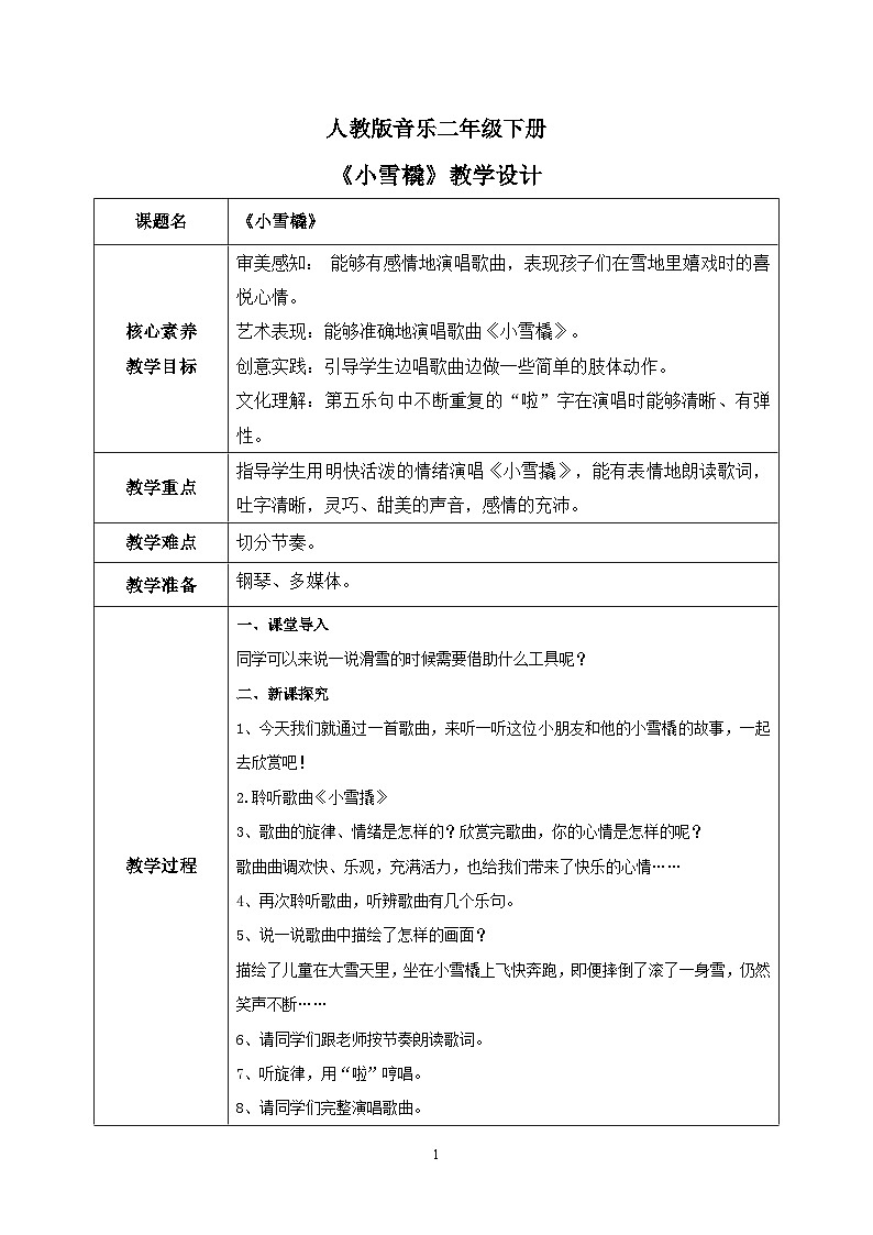 【核心素养目标】人教版(2012)音乐二下2.2 小雪橇 课件+教学设计+音视频素材01