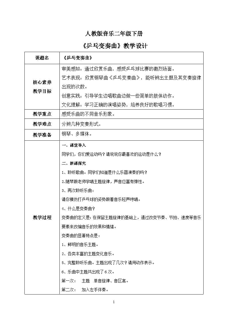 【核心素养目标】人教版(2012)音乐二下2.3 乒乓变奏曲 课件+教学设计+音视频素材01
