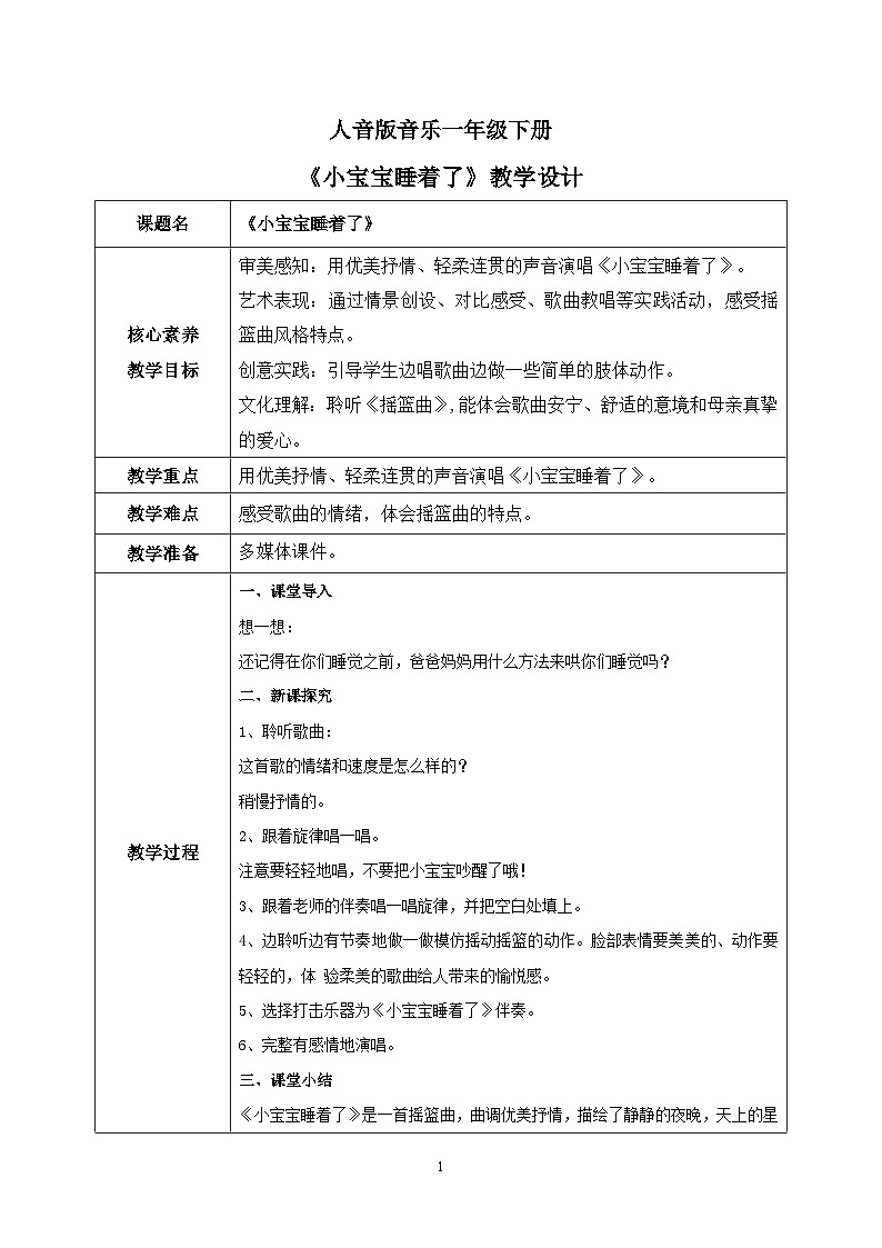 【核心素养目标】人音版(2012)音乐一下6.1  小宝宝睡着了 课件+教学设计+素材01