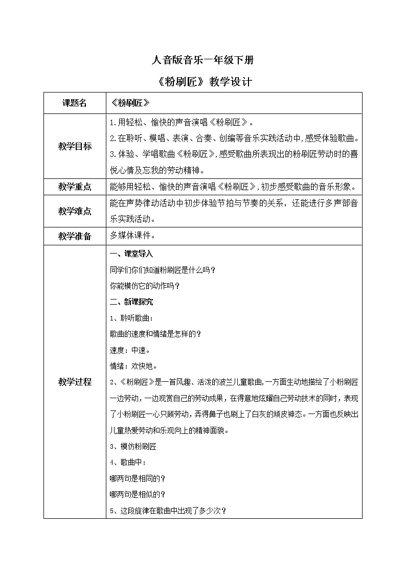 人音版(2012)音乐一下7.3 粉刷匠 教学设计第1页