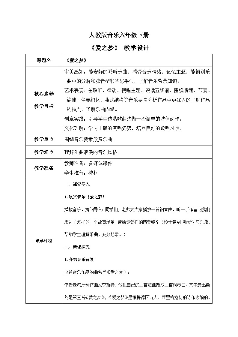 【核心素养目标】人教版音乐六下1.5 爱之梦 课件+教学设计+素材01