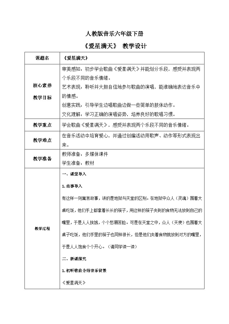 【核心素養(yǎng)目標】人教版音樂六下1.7 愛星滿天 教學設計第1頁