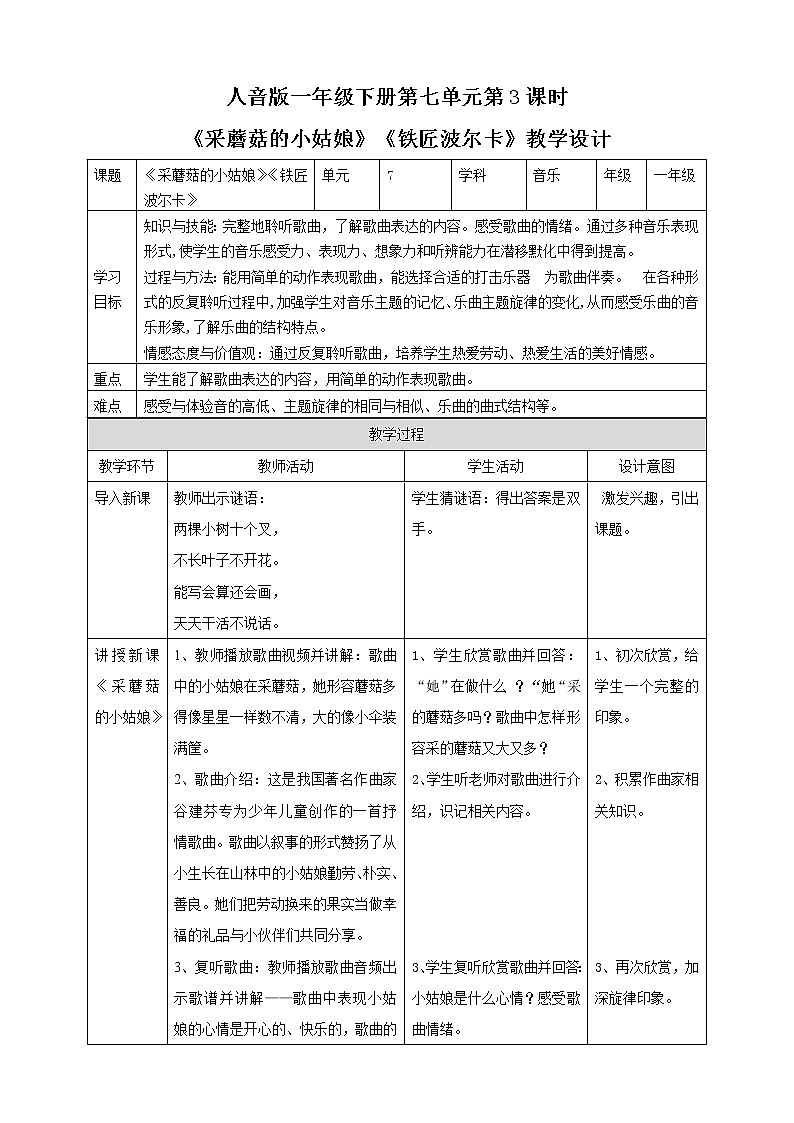 人音版一下第七单元第3课时《采蘑菇的小姑娘》《铁匠波尔卡》课件+教案+素材01