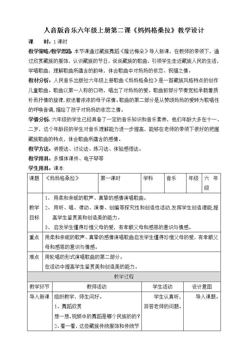 人音版六上音乐 第二课第一课时《妈妈格桑拉》课件+教案+音视频素材01