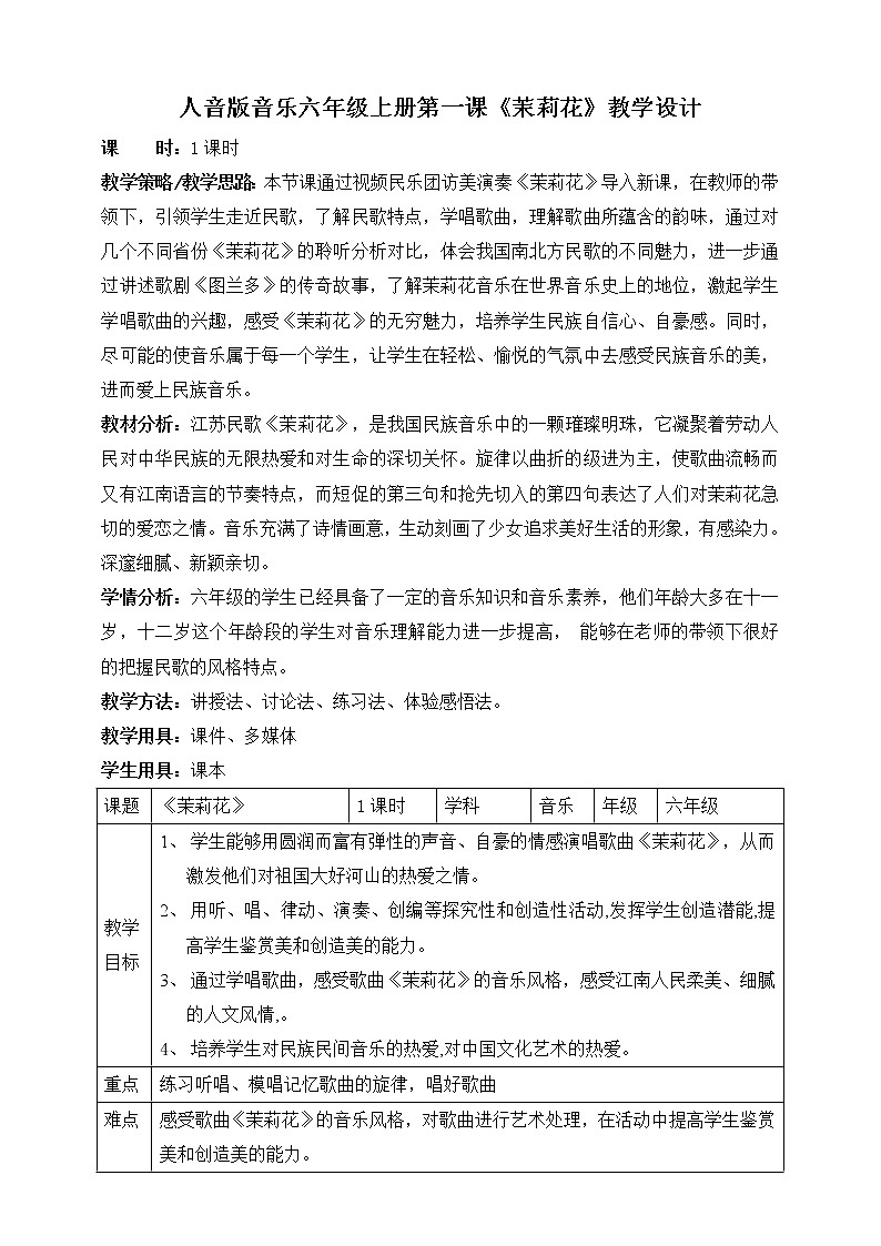 人音版六上音乐 第一课《茉莉花》(东北、河北、江苏民歌)课件+教案+音视频素材01