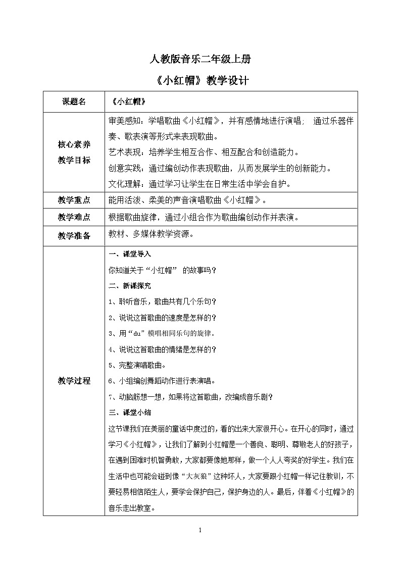 【核心素养目标】人教版(2012)音乐二年级上1.3 小红帽 课件+教学设计+素材01
