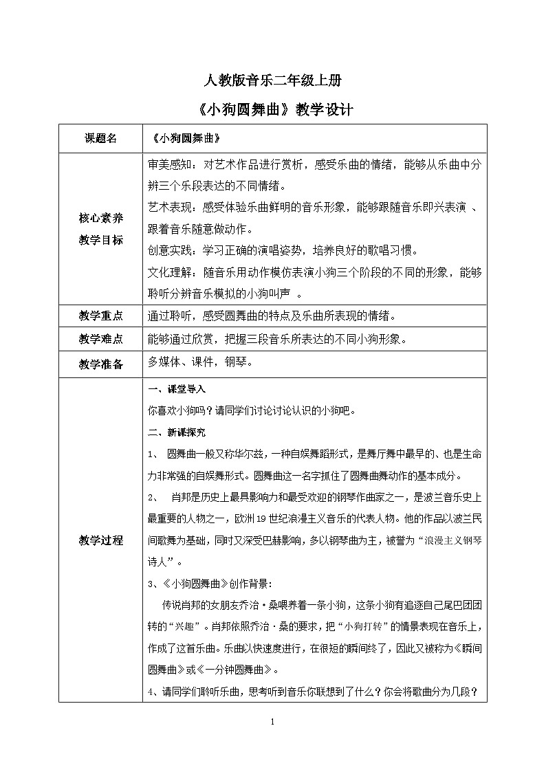【核心素養(yǎng)目標】人教版（2012）音樂二年級上4.4 小狗圓舞曲 教學(xué)設(shè)計第1頁