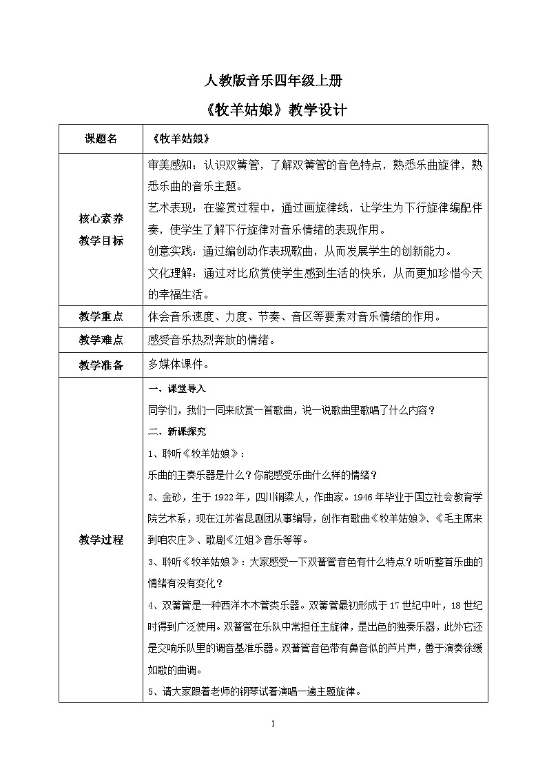 【核心素养目标】人教版(2012)音乐四年级上4.5 牧羊姑娘 课件+教学设计+素材01