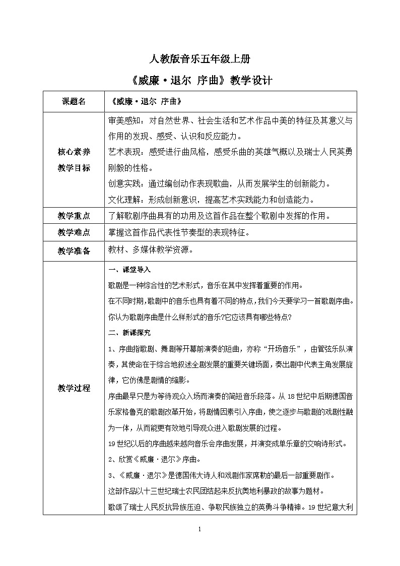 【核心素养目标】人教版(2012)音乐五年级上5.1 《威廉·退尔》序曲 课件+教学设计+素材01