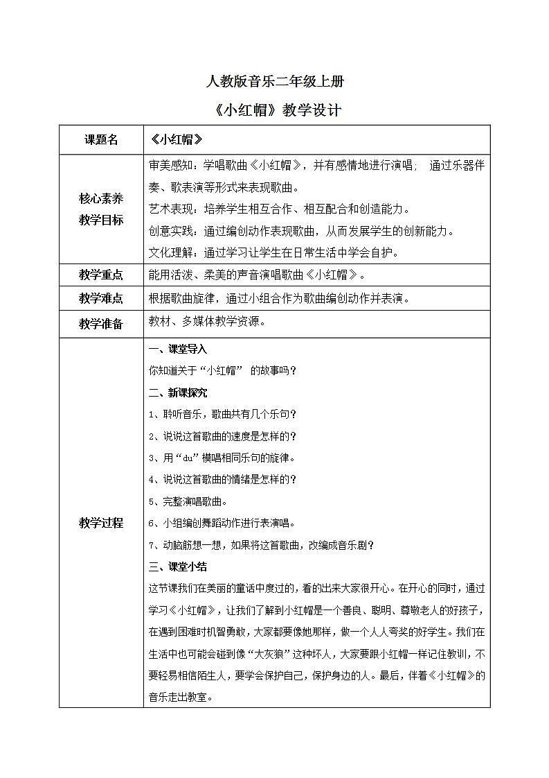 【核心素养目标】人教版(2012)音乐二年级上1.3 小红帽 课件+教学设计+素材01