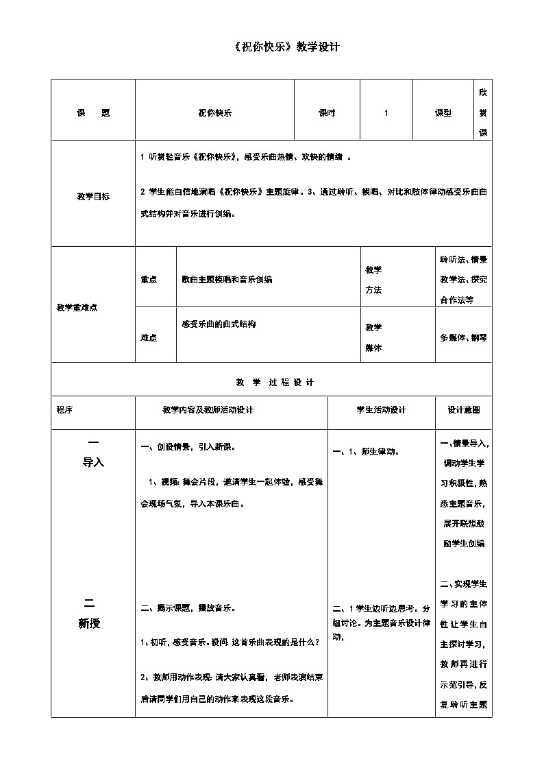 四年级上册音乐教案 7《祝你快乐》 人音版 (五线谱)(表格式)01