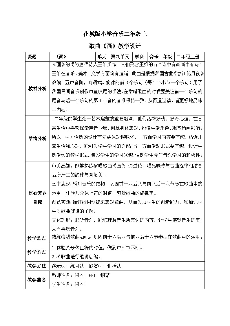 【核心素养目标】花城版小学音乐二年级上册 《画》 教案(含教学反思)第1页