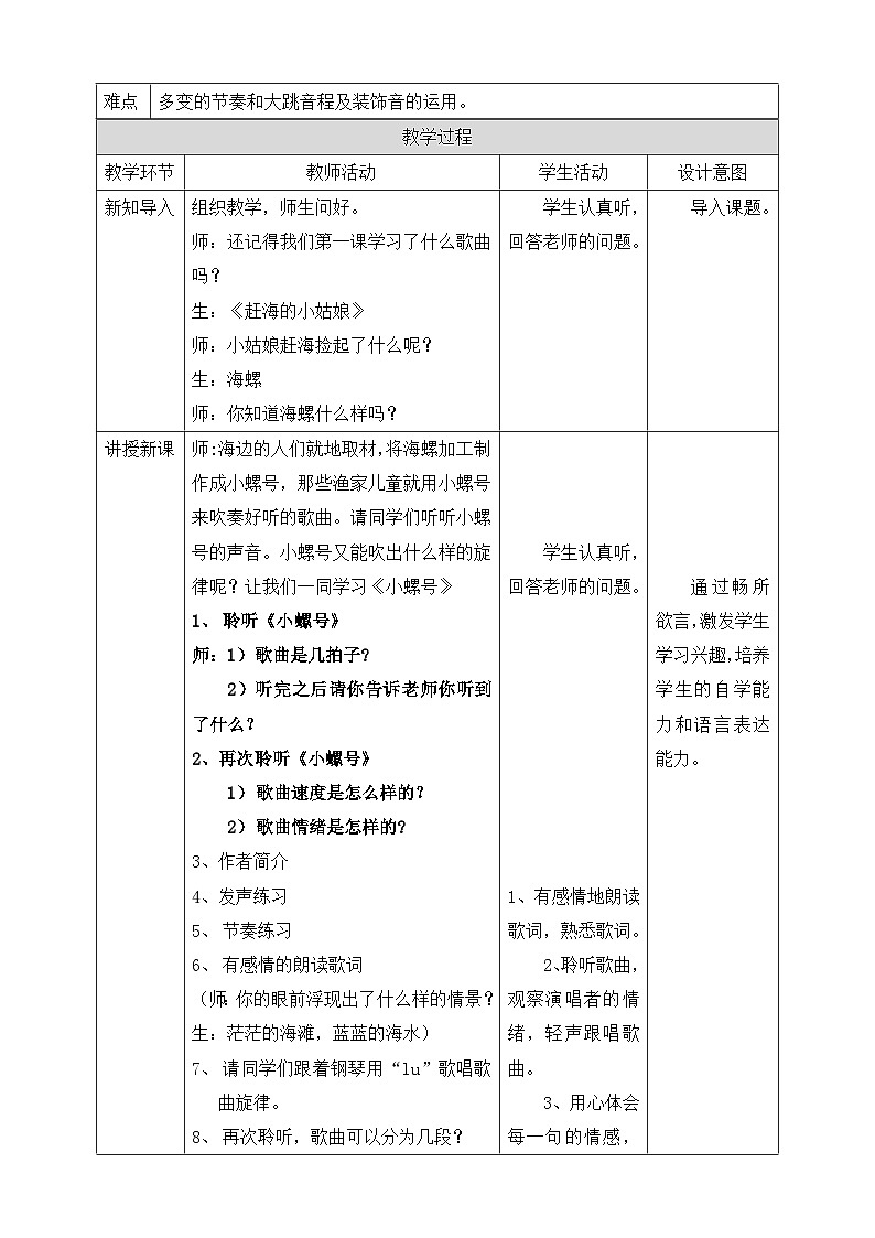 【核心素养】人教版音乐四年级上册1.3《小螺号》教案02