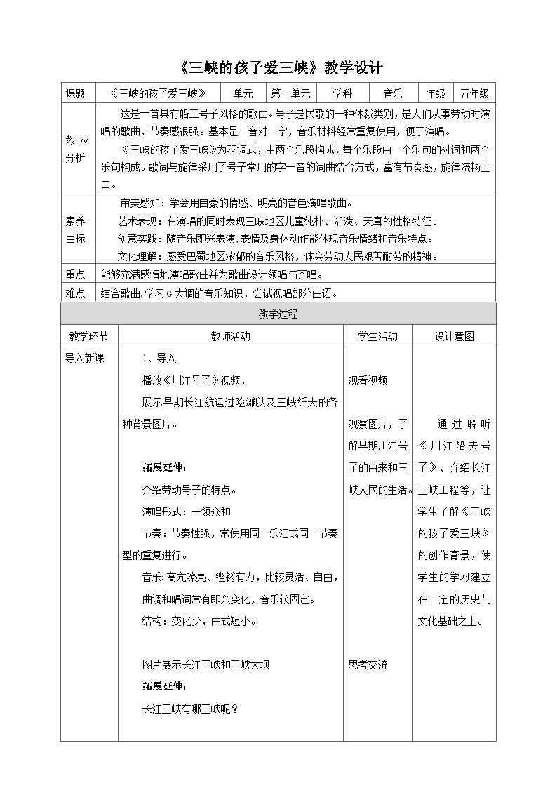 【核心素养】人教版音乐五年级上册1.5《三峡的孩子爱三峡》课件+教案+素材01