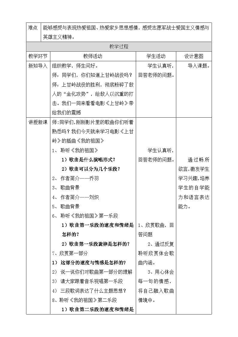 【核心素养】人教版音乐六年级上册1.6《我的祖国》教案02