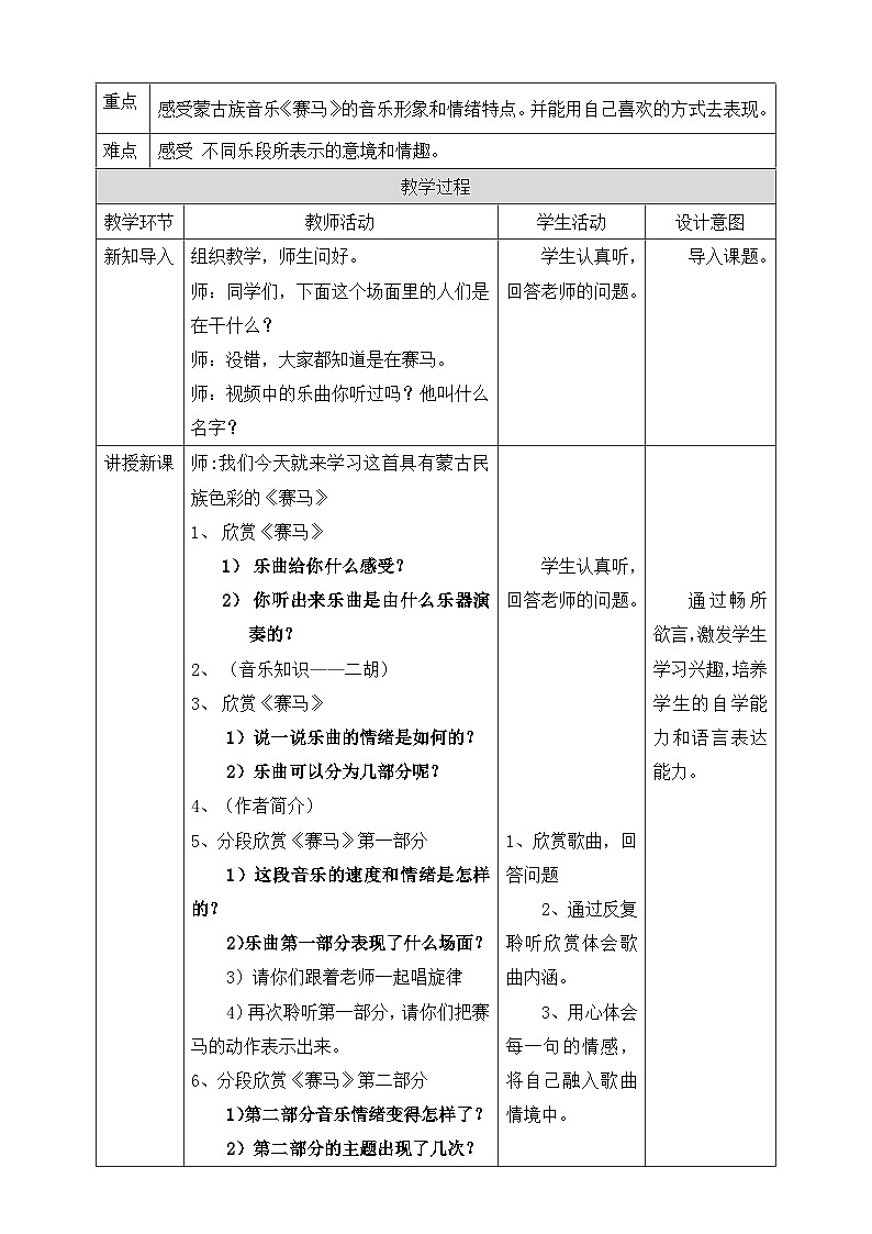 【核心素养】人教版音乐六年级上册2.2《赛马》教案02