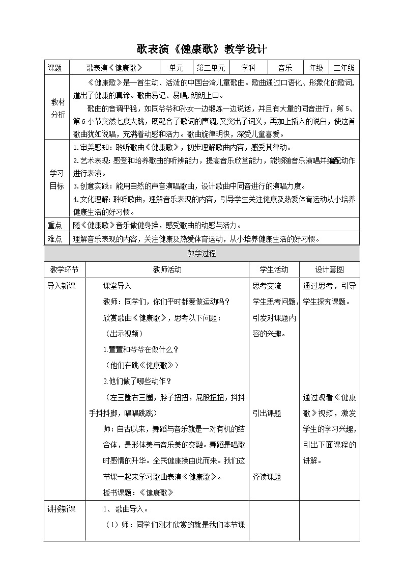 【人教版】二下音乐 第二单元第一课时《健康歌》课件+教案+素材01