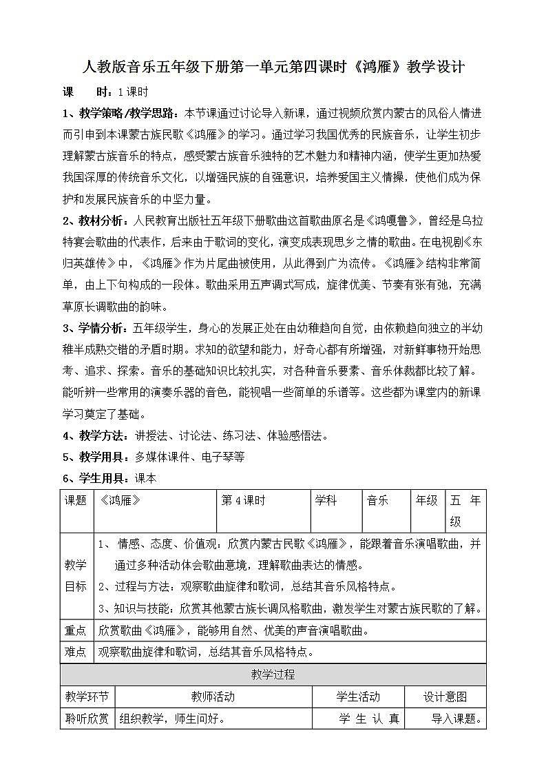 人教版音乐五年级下册1.4《鸿雁》课件+教案+素材01