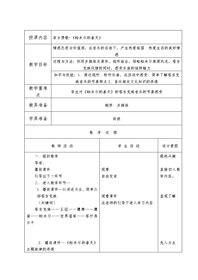 《帕米尔的春天》教学设计第1页