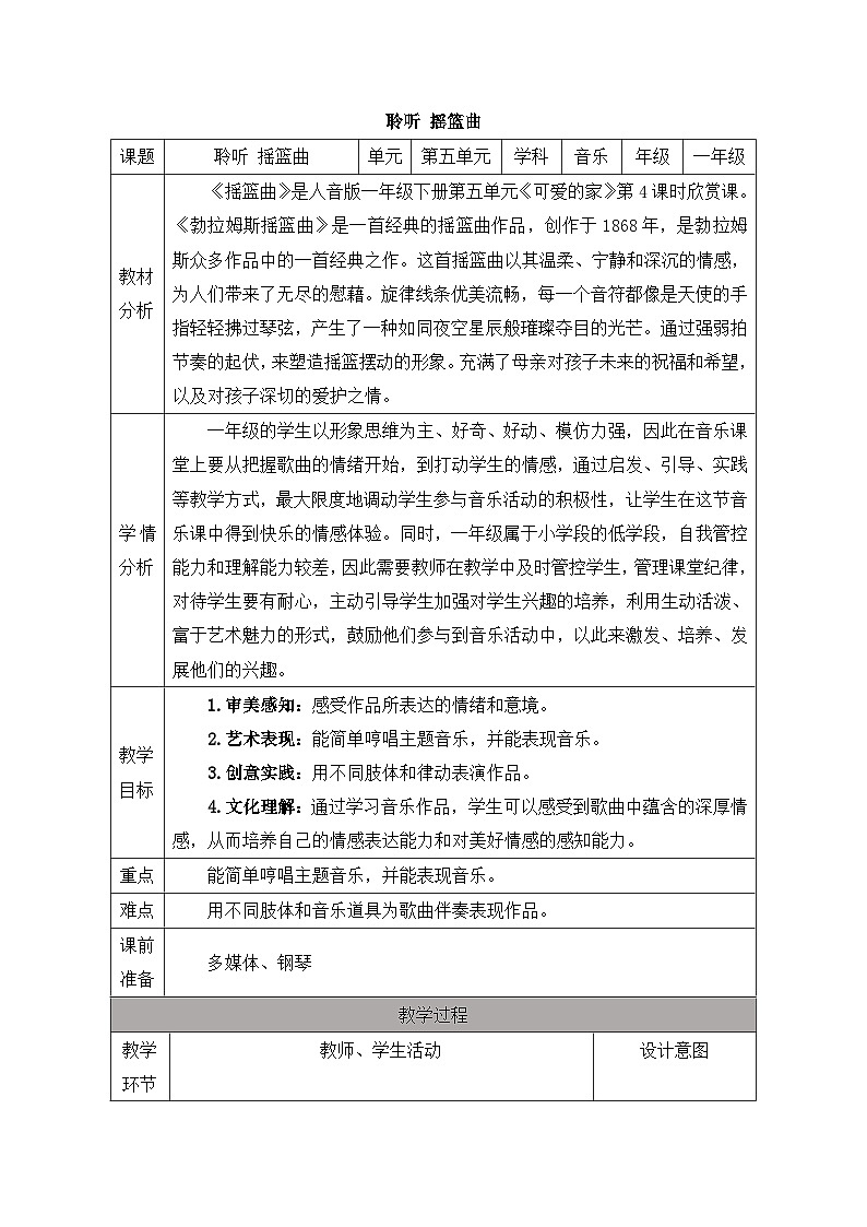 新人音版小学音乐一下 第五单元《聆听 摇篮曲》教案第1页
