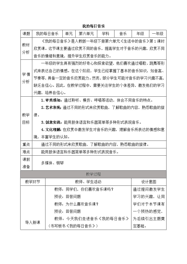 新人教版小学音乐一下第六单元《我的每日音乐》教案第1页