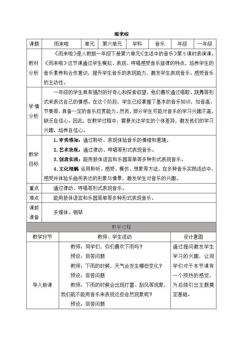 新人教版小学音乐一下第六单元《雨来啦》教案第1页