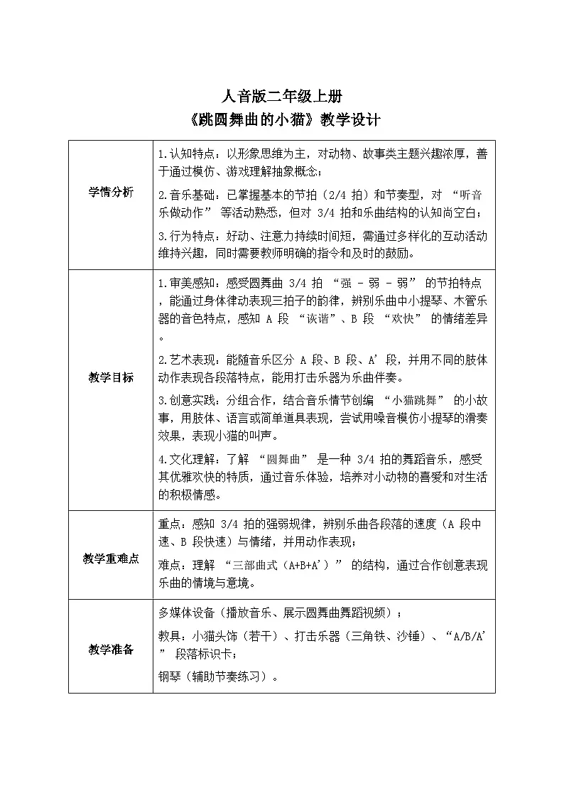 人音版二年级上册音乐第四节《跳圆舞曲的小猫》教学设计(表格式)第1页