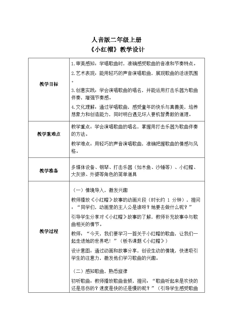 人音版二年级上册音乐第一节《小红帽》教学设计(表格式)第1页