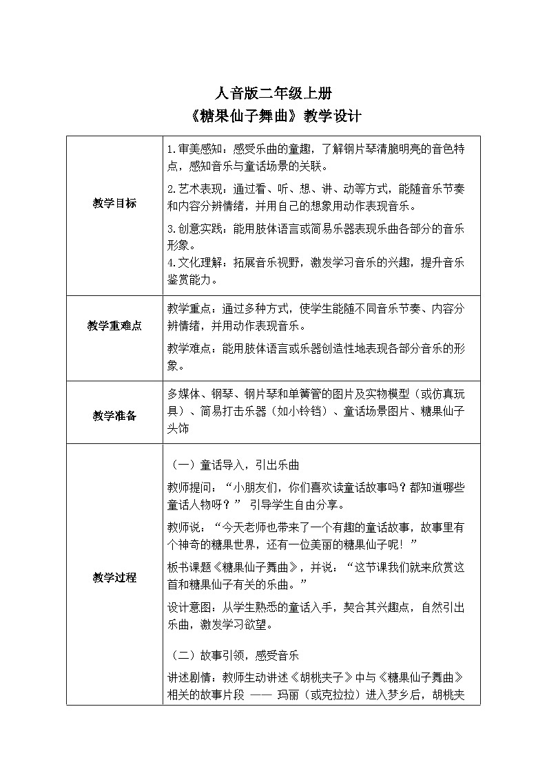 人音版二年级上册音乐第三节《糖果仙子舞曲》教学设计(表格式)第1页