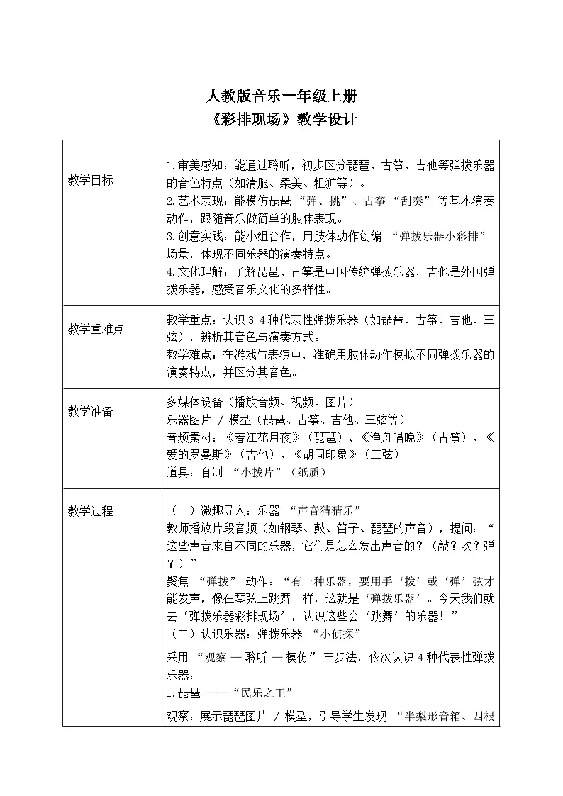 人教版一年级上册音乐第一节 音乐万花筒《彩排现场》教学设计(表格式)第1页
