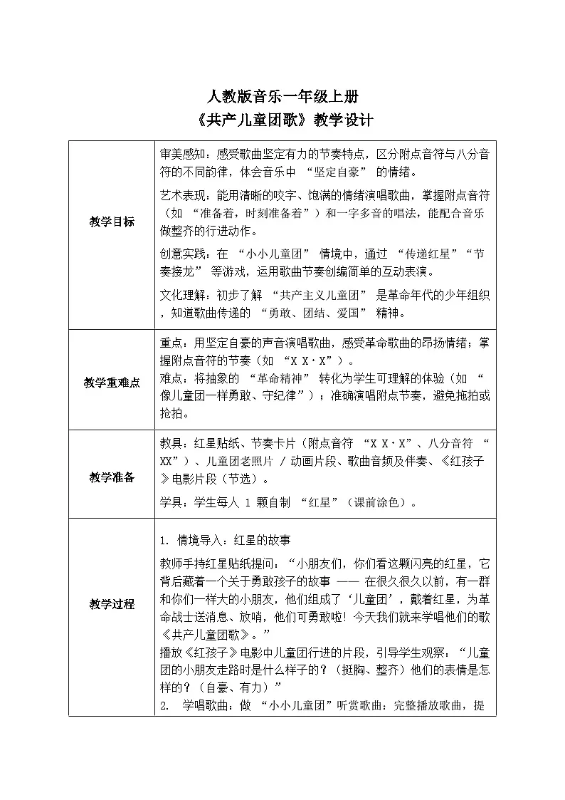 人教版一年级上册音乐第五节 小小歌唱家《_共产儿童团歌》教学设计(表格式)第1页