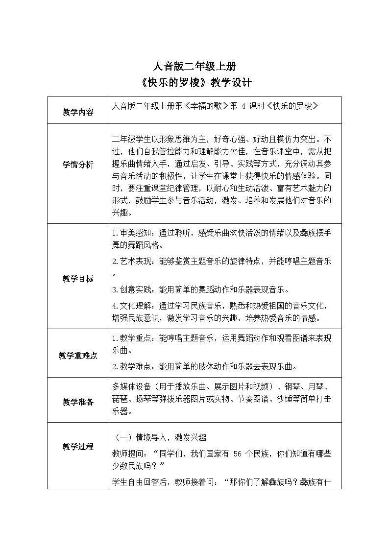 人音版二年级上册音乐第四节《快乐的罗梭》教学设计(表格式)第1页